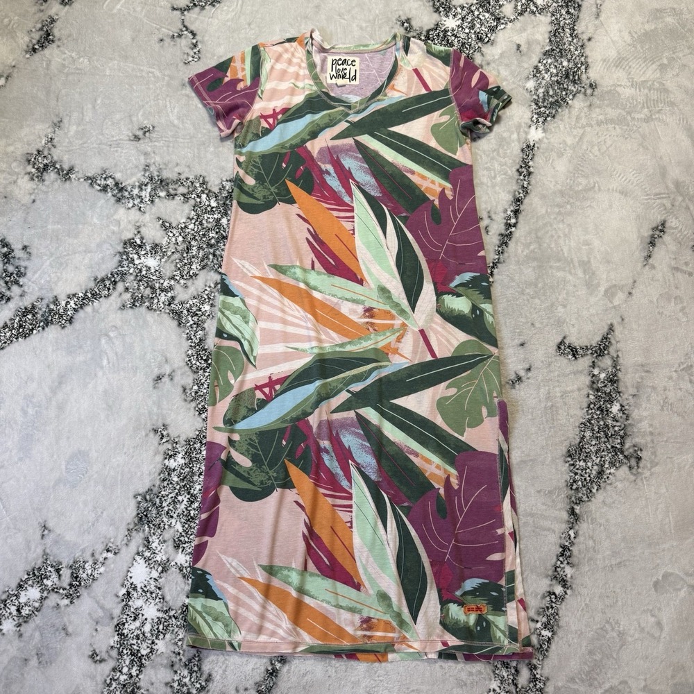 Peace Love World Tee Shirt Dress Womens Size Medium Multi Floral‎ Short Sleeve